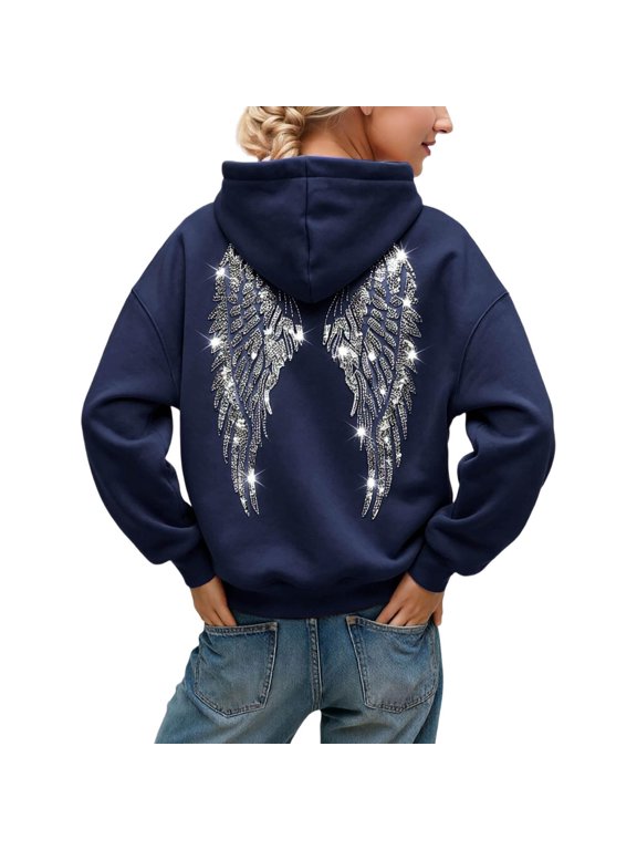 Womens Hoodie With Sequin Angel Wings Back Loose Fit Drop Shoulder Pullover Sweatshirt Long Sleeve Hooded Top Y2K Streetwear Fashion Casual Oversized Jumper Navy XL