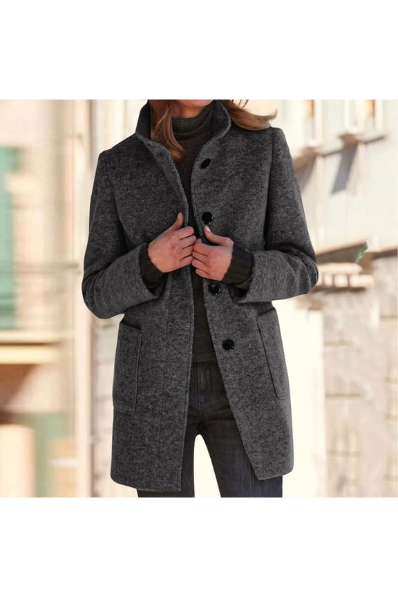 TQWQT Womens Long Black Pea Coats Winter Plus Size Wool Dress Coat Stand Collar Single Breasted Trench Coat Peacoat Wool Blend Blazer Jacket Black 3XL