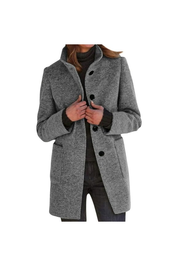 Womens Long Black Pea Coats Wool Stand Collar Clearance Casual Peacoat Plus Size Jacket Winter Wool Blend Overcoat Light Gray 3XL