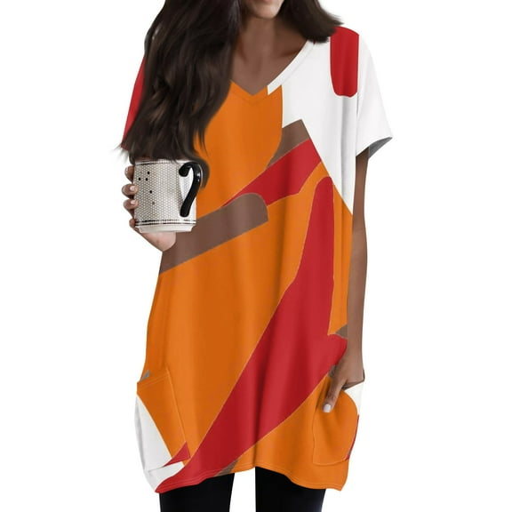 TQWQT Womens Long Shirts for Leggings with Pockets Short Sleeve Tunic Tops Color Block Long Tops Plus Size V Neck Oversized T-Shirts Summer Tops