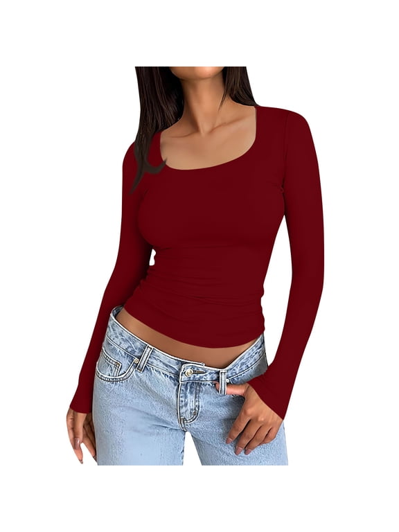 TQWQT Womens Long Sleeve Shirts Cute Y2k Plain Shirts Slim Fit Crop Tops Square Neck T Shirt Trendy Women Tops Teen Girls Winter Clothes XS