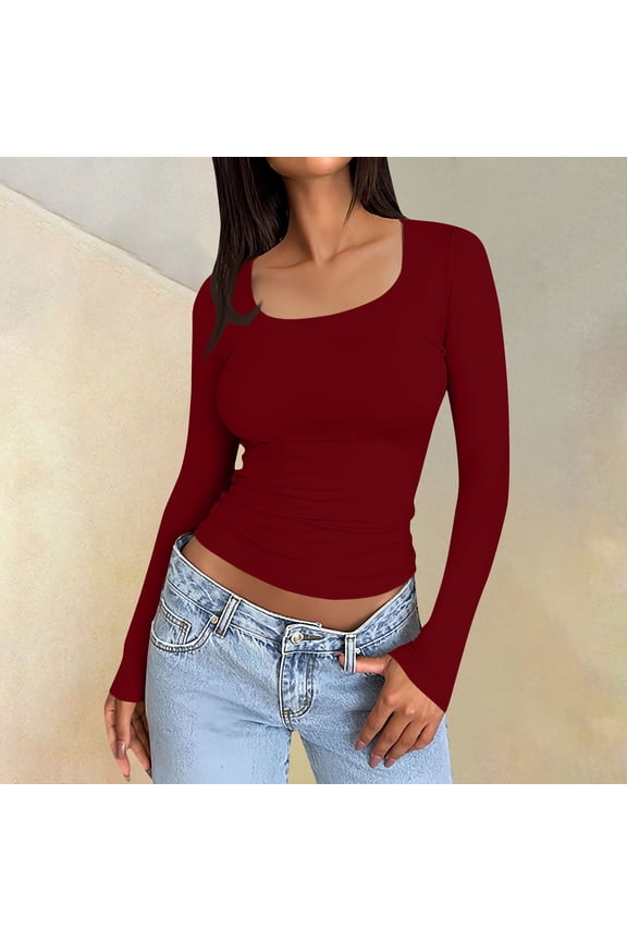 Womens Long Sleeve Shirts Fall Red Shirts Slim Fit Y2k Women Tops Trendy Crop Tops Square Neck Tee Shirt Tight Teen Girls Winter Clothes M