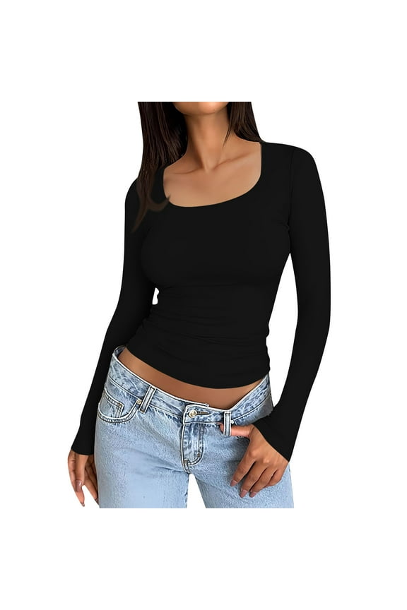 TQWQT Womens Long Sleeve Shirts Fall Trendy Women Tops Slim Fit Square Neck Tshirt Y2k Crop Tops Teen Girls Winter Clothes L