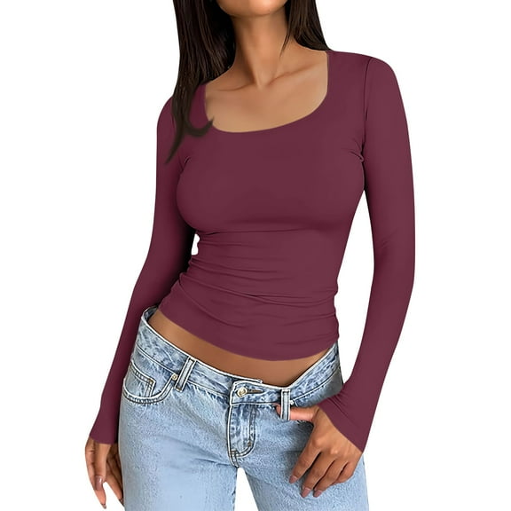 TQWQT Womens Long Sleeve Shirts Slim Fit Deep Red Women Tops Going Out Cute Crop Tops Square Neck Y2k Tee Shirts Trendy Winter Outfits XS