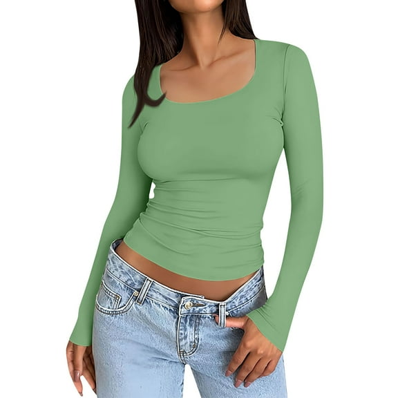 TQWQT Womens Long Sleeve Shirts Trendy Light Green Shirts Slim Fit Y2k Women Tops Tight Crop Tops Square Neck Tshirts Plain Teen Girls Winter Clothes S