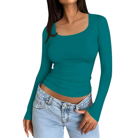 TQWQT Womens Long Sleeve Shirts Trendy Turquoise Shirts Slim Fit Y2k Women Tops Tight Crop Tops Square Neck Tshirt Plain Teen Girls Winter Clothes XS
