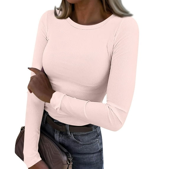 TQWQT Womens Long Sleeve Tops Crewneck Ribbed Knit Tight Casual Top Basic Skims T Shirts Fashion Plus Size Tops Winter Outfit Pink L