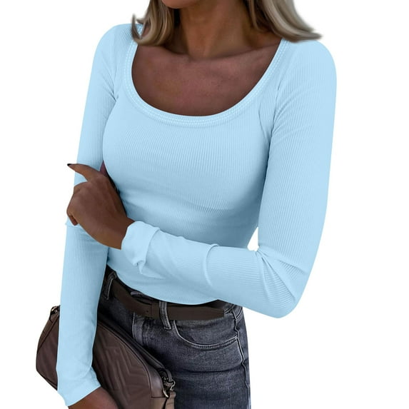 TQWQT Womens Long Sleeve Tops Fashion Scoop Neck Shirt Casual Slim Fit Ribbed Knit Top Fall Basic Business Tee Solid Skims Tops Light Blue S