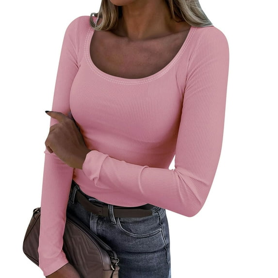 TQWQT Womens Long Sleeve Tops Trendy Scoop Neck T-Shirt Casual Slim Fit Ribbed Knit Top Winter Basic Y2k Tee Solid Skims Tops Pink S