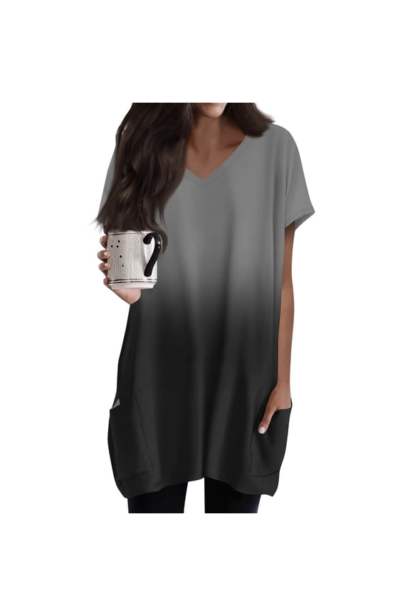 TQWQT Womens Long Tunic Tops to Wear with Leggings Long Shirts Short Sleeve Plus Size Shirt Oversized V-Neck T-Shirts Gradient Print Long Tops