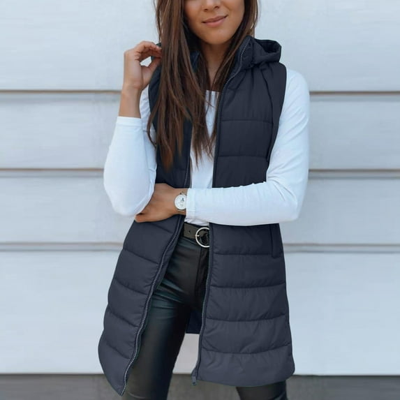 TQWQT Womens Long Vest Zip Up Plus Size Puffer Vests Sleeveless Winter Warm Puffer Jacket Winter Hooded Puffer Vest Quilted Puffy Vests Navy XXL