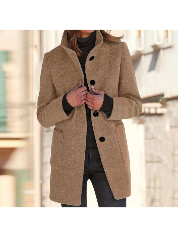 Womens Long Wool Pea Coats Winter Plus Size Pea Coats Single Breasted Trench Coat Stand Collar Peacoat Wool Blend Black Jacket Camel L