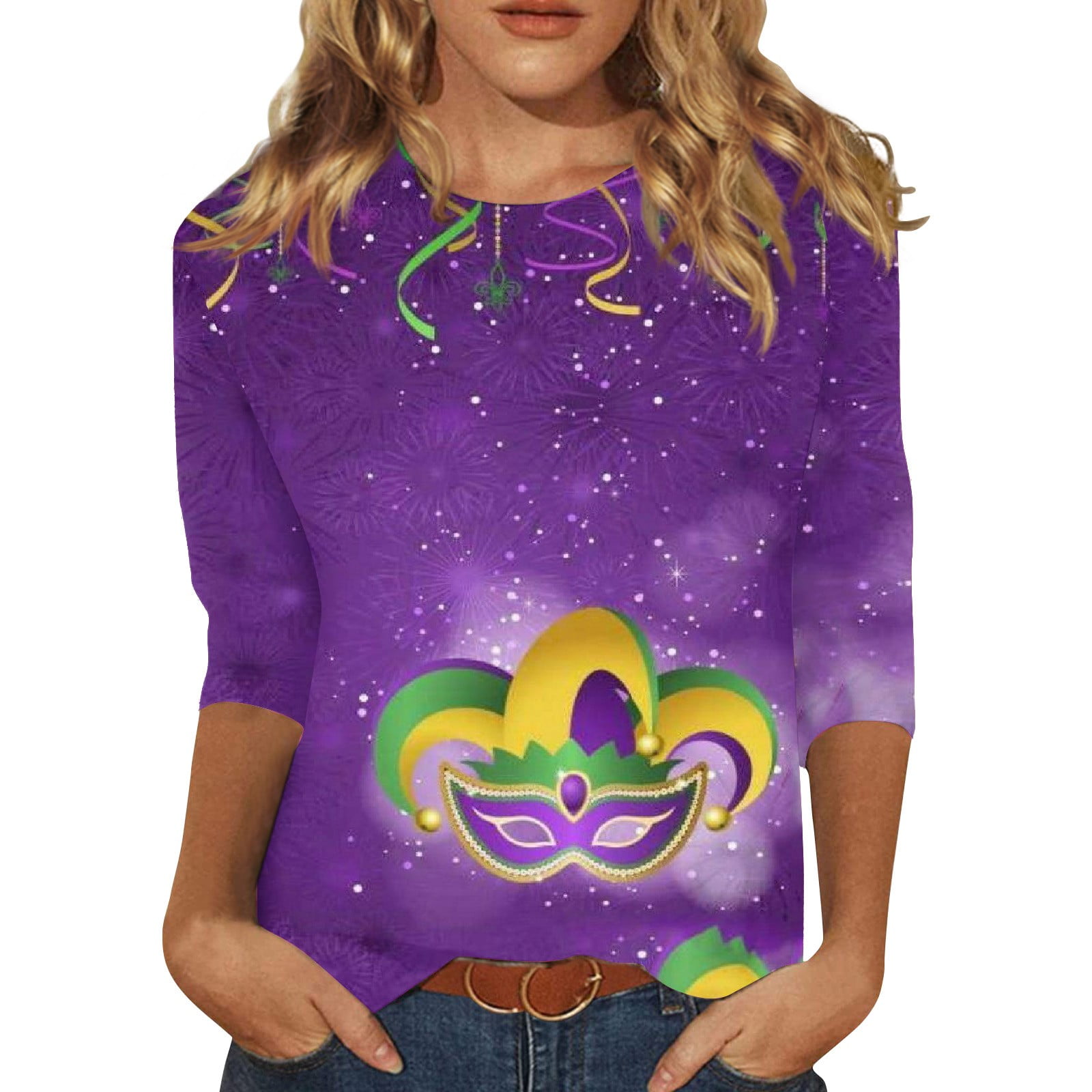 TQWQT Womens Mardi Gras Tops 2024 3/4 Length Sleeve Casual Parade