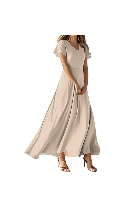TQWQT Womens Maxi Dresses Beige Spring Dress Plus Size Short Sleeve Casual Dress Boho V Neck Chiffon Dresses Summer Tiered Dress Beige XL