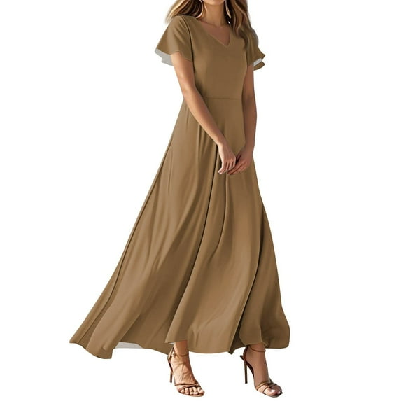 TQWQT Womens Maxi Dresses Coffee Summer Dress Plus Size Short Sleeve Casual Dress Boho V Neck Chiffon Dresses Spring Tiered Dress Coffee S