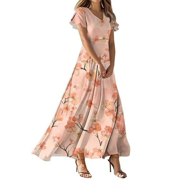TQWQT Womens Maxi Dresses Plus Size Floral Dress Casual Summer Church Dresses V Neck Short Sleeve Boho Beach Tiered Dress Watermelon Red XL
