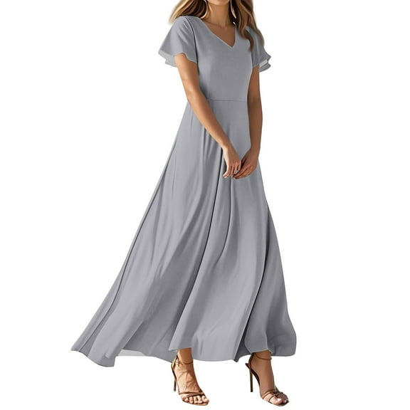 TQWQT Womens Maxi Gray Dresses Plus Size Summer Wedding Guestes Dress V Neck Short Sleeve Casual Cute Tiered Dress Ruffle Hem Swing Dress Gray XXL