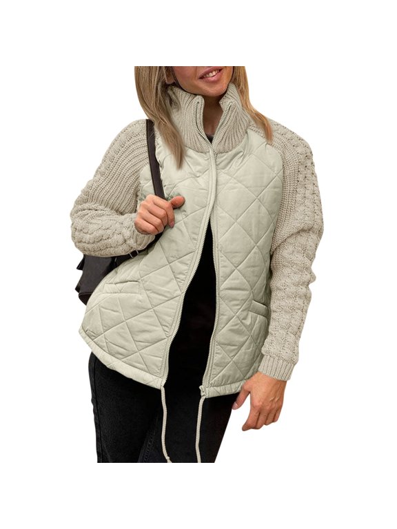 Womens Mixed Fabric Stand Collar Quilted Padded Jacket Cable Knit Long Sleeve Spliced Full Zip Coat with Drawstring Hem & Pockets Lightweight Warm Retro Casual Outerwear for Fall Winter Khaki S