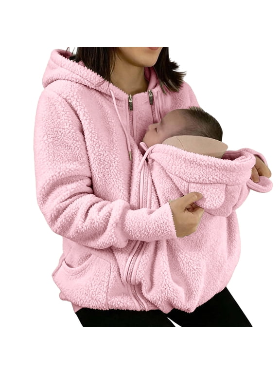 Womens Multi-function Baby Carrier Hooded Sherpa Jacket Full Zip Long Sleeve Fleece Coat with Detachable Baby Pouch Warm Maternity Mom Outerwear for Fall Winter Pink XL
