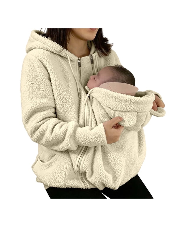 Womens Multi-function Baby Carrier Hooded Sherpa Jacket Full Zip Long Sleeve Fleece Coat with Detachable Baby Pouch Warm Maternity Mom Outerwear for Fall Winter Beige M