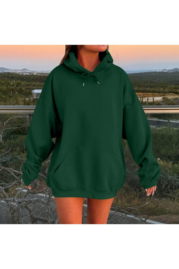 TQWQT Womens Oversized Dark Green Hoodie Cute Trendy Plus Size Hoodie Long Sleeve Hooded Pullover Plain Y2k Hoodies with Pockets Dark Green L