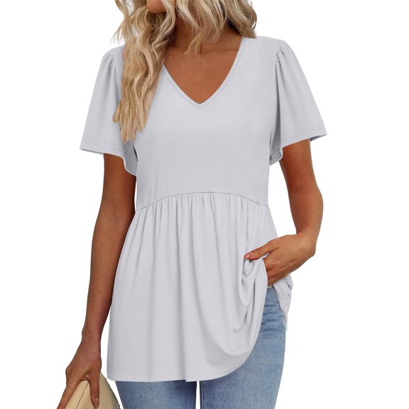 TQWQT Womens Peplum Tops Short Sleeve Babydoll V-Neck Shirt Fashion Cute Tunic Top Solid Color Tees Blouse Beach Vacation Clothes White 2XL