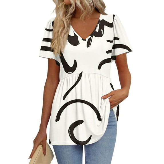 TQWQT Womens Peplum Tops Short Sleeve Babydoll Vneck Tunic Top Dressy Trendy Shirt Color Block Tee Blouses Plus Size Maternity Clothes White 2XL