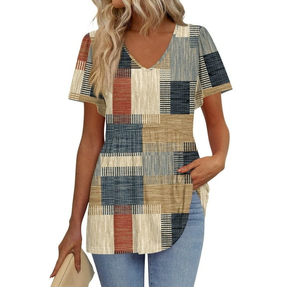 TQWQT Womens Peplum Tops Summer Short Sleeve Babydoll V Neck T-Shirts Ruffle Plus Size Tunic Top Puff Sleeve Color Block Blouse Maternity Clothes Khaki 3XL