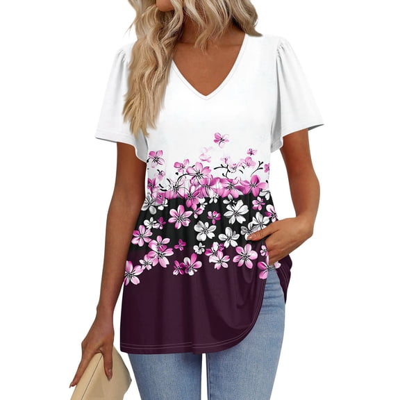 TQWQT Womens Peplum Tops V Neck Short Sleeve Babydoll Peplum Tops Plus Size Floral Print Tees Blouses Puff Sleeve Tunic Top Maternity Clothes Dark Purple M
