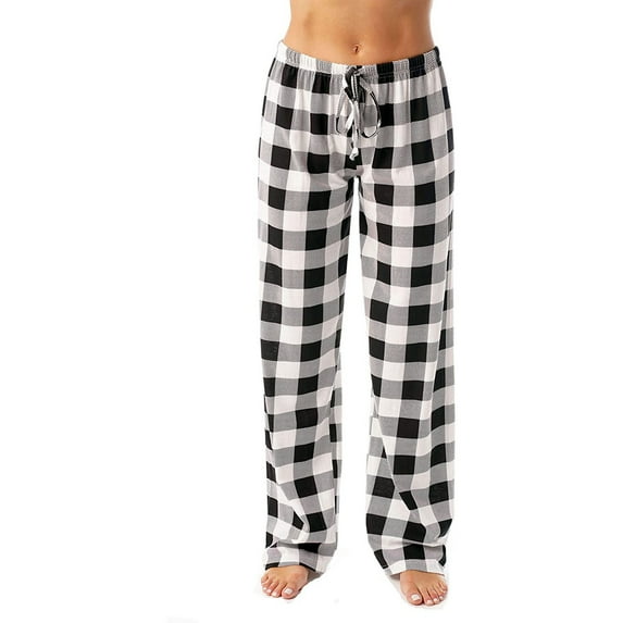 TQWQT Womens Pj Pants Flannel Buffalo Plaid Flannel Pajamas Casual Drawstring Pants Christmas Wide Leg Pajama Bottoms Comfy Fleece Sleepwear Black XL