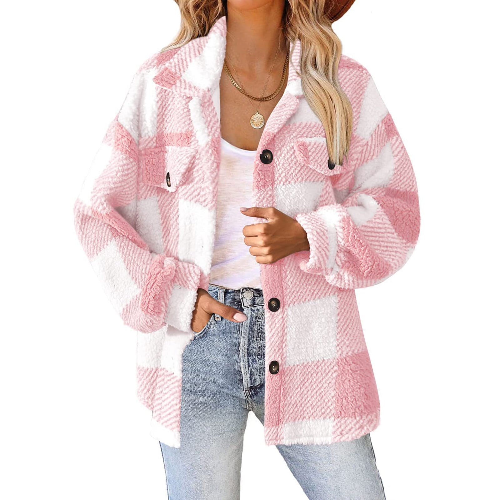 TQWQT Womens Plaid Sherpa Jacket Fuzzy Fleece Button Down Shirt