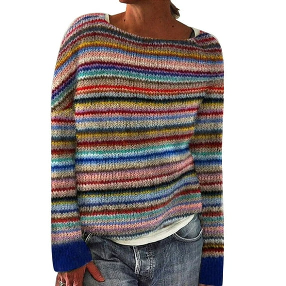 TQWQT Womens Plus Size Clothes Christmas Knit Striped Sweaters Long Sleeve Cute Oversized Sweater Trendy Crewneck Pullover Top Fair Isle Sweaters Rainbow XL