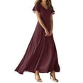 thumbnail image 1 of TQWQT Womens Plus Size Dresses Wine Summer Dress Short Sleeve Casual Long Dress Boho V-neck Church Dresses Spring Tiered Dress Wine L, 1 of 5