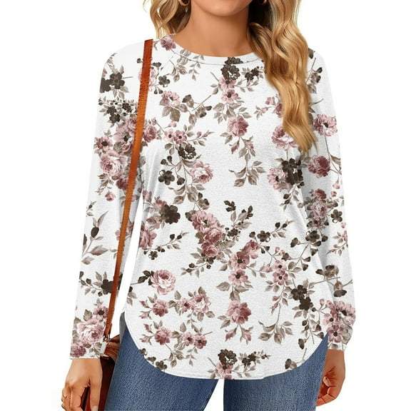 TQWQT Womens Plus Size Fall Tops 2024 Flowy Long Sleeve Tops Floral Print T-Shirt Crewneck Tunic Shirts Dressy Casual Tunic Tops White XL