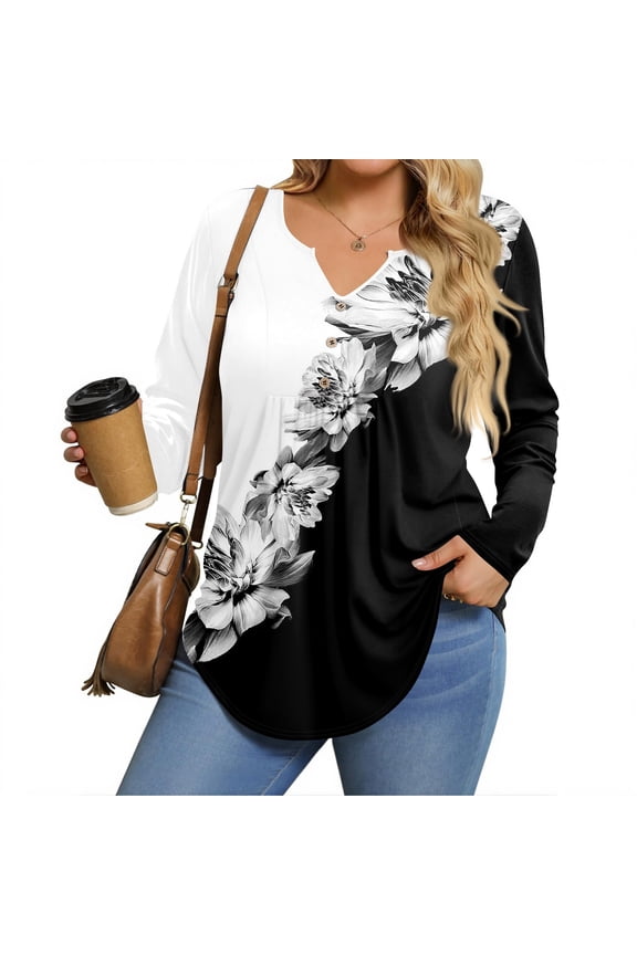 TQWQT Womens Plus Size Fall Tops 4x-5x Trendy V Neck Henley Tshirts Floral Graphic Tees Long Sleeve Tunics Shirts Loose Fit Casual Womens Clothing Gray 2XL