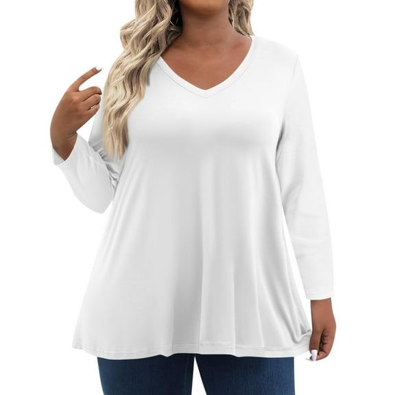TQWQT Womens Plus Size Fall Tops 4x-5x Womens Top V Neck Long Sleeve Plus Top Solid Color Dressy Casual Blouses Women Loose Fit Clothes White 5XL
