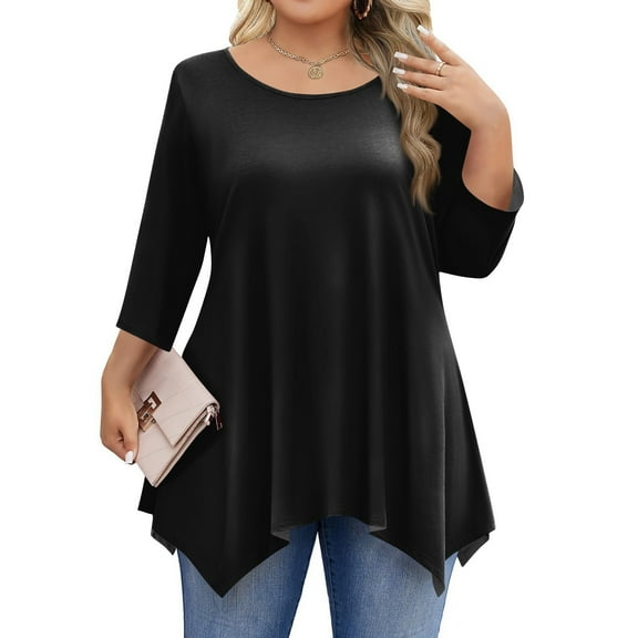 TQWQT Womens Plus Size Fall Tops Cute Flowy Plus Size Tops Basic Tees Womens Crewneck Tunic Long Sleeve Tops Dressy Casual Plain Tshirts Loose Fit Womens Clothing Black 4XL