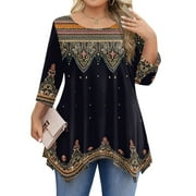 MLQIDK TQWQT Womens Plus Size Fall Tops Dressy Fall Crewneck Shirts Floral Print T-Shirt Long Sleeve Tunic Tops Large Casual Blouses Black 5XL