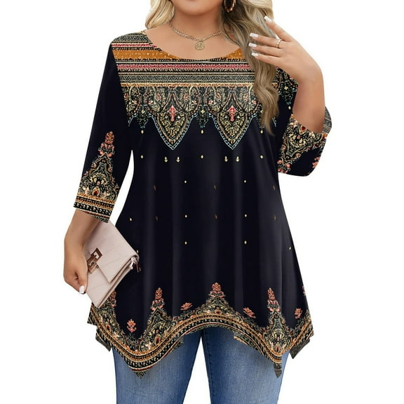 TQWQT Womens Plus Size Fall Tops Dressy Fall Crewneck Shirts Floral Print T-Shirt Long Sleeve Tunic Tops Large Casual Blouses Black 5XL