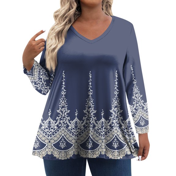 TQWQT Womens Plus Size Fall Tops Dressy Fall Long Sleeve Tunic Tops Floral Print T-Shirt V Neck Tshirts Loose Fit Casual Blouses Royal Blue 3XL