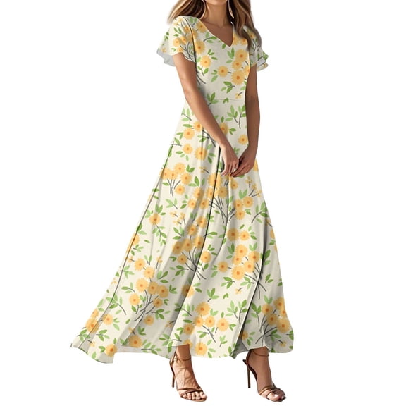TQWQT Womens Plus Size Floral Dresses Casual Long Summer Dress Short Sleeve V-neck Church Dresses Boho Beach Tiered Dress Orange XL