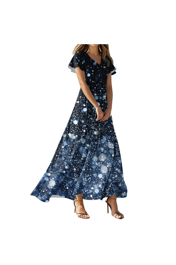 TQWQT Womens Plus Size Floral Dresses Maxi Boho Beach Dress Short Sleeve V-neck Church Dresses Casual Summer Tiered Dress Blue XL