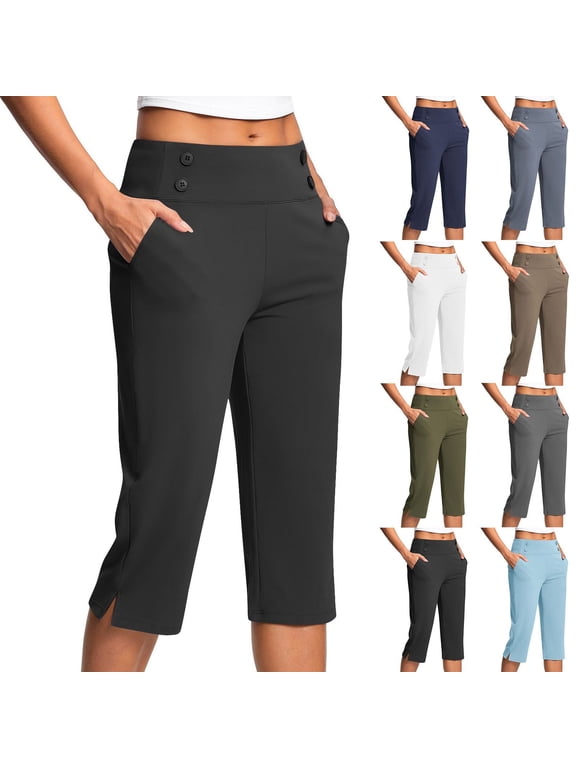 Womens Plus Size Khaki Capris High Waist Workout Capri Yoga Pants with Pockets Tummy Control Khaki Leggings Wide Leg Athletic Capri XL