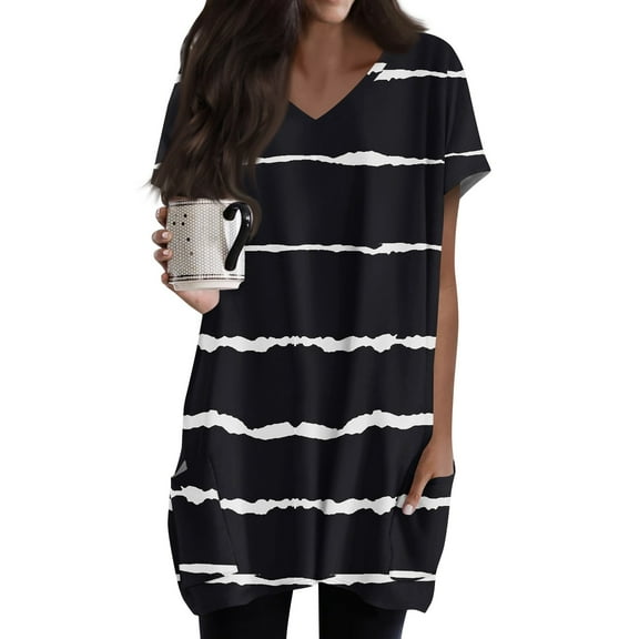 TQWQT Womens Plus Size Long Shirts for Legging Oversized Tunic Tops with Pockets Short Sleeve V-Neck T-Shirt Summer Striped Print Long Tops