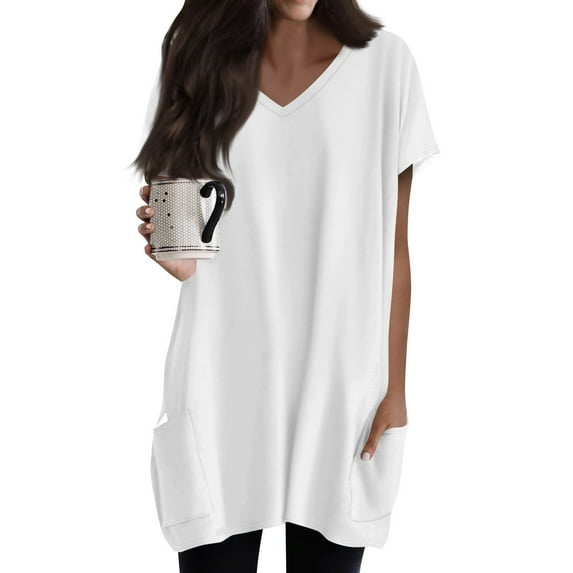 TQWQT Womens Plus Size Long Shirts for Legging Oversized Tunic Tops with Pockets V Neck Short Sleeve T Shirts Summer Women Clothes