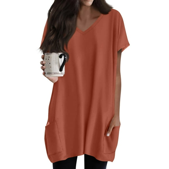 TQWQT Womens Plus Size Long Shirts for Leggings with Pockets Short Sleeve Tunic Tops Solid Color Long Tops V-Neck Oversized T Shirts Summer Tops