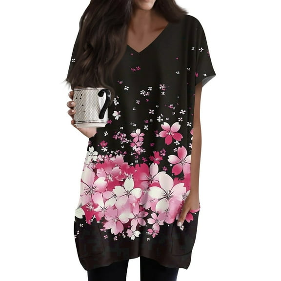 TQWQT Womens Plus Size Long Tunic Tops to Wear with Leggings Long Shirts Short Sleeve V-Neck T-Shirt Oversized Ethnic Floral Print Long Tops