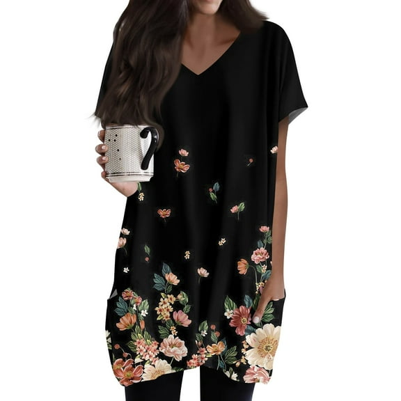 TQWQT Womens Plus Size Long Tunic Tops to Wear with Leggings Long Shirts Short Sleeve V Neck T Shirts Oversized Ethnic Floral Print Long Tops
