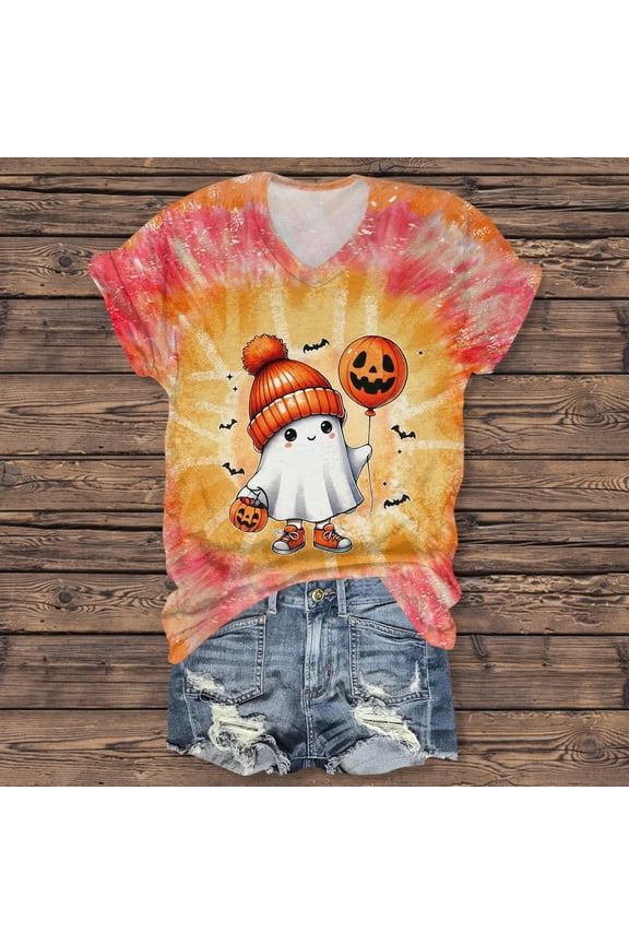 Womens Plus Size Spooky Season Shirt Short Sleeve Pumpkin Ghost Graphic Tee V-Neck Cute T-Shirts Halloween Funny Shirts White 5XL
