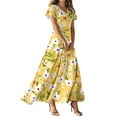 thumbnail image 1 of TQWQT Womens Plus Size Spring Dress Casual Long Floral Dresses V Neck Short Sleeve Wedding Guestes Boho Summer Tiered Dress Yellow L, 1 of 5